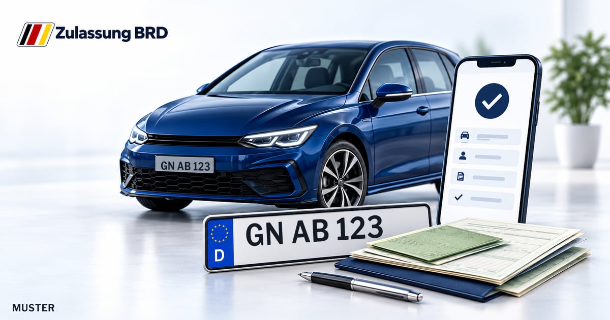 Online Fahrzeugzulassung in Steinau an der Straße: Musterkennzeichen GN AB 123, Auto und Fahrzeugpapiere und Smartphone. Illustration mit Logo von Zulassung BRD.